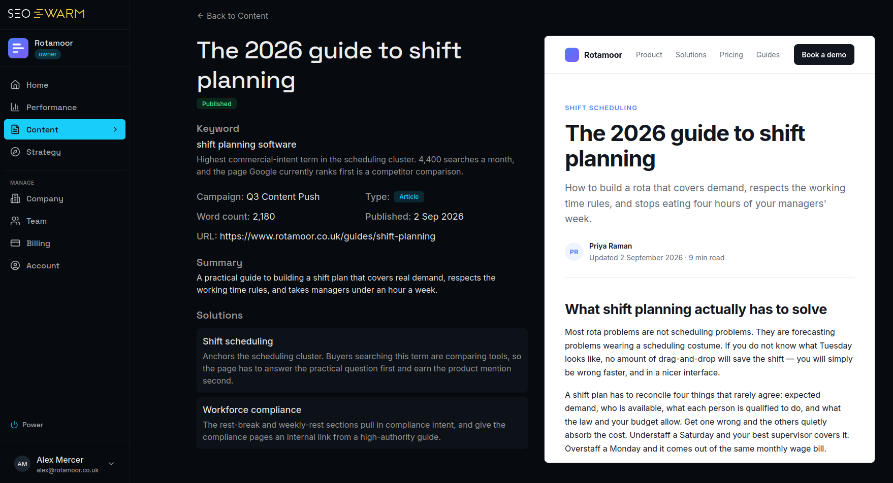 The platform's Content view — a published page's keyword, brief and campaign on the left, the live page previewed on the right