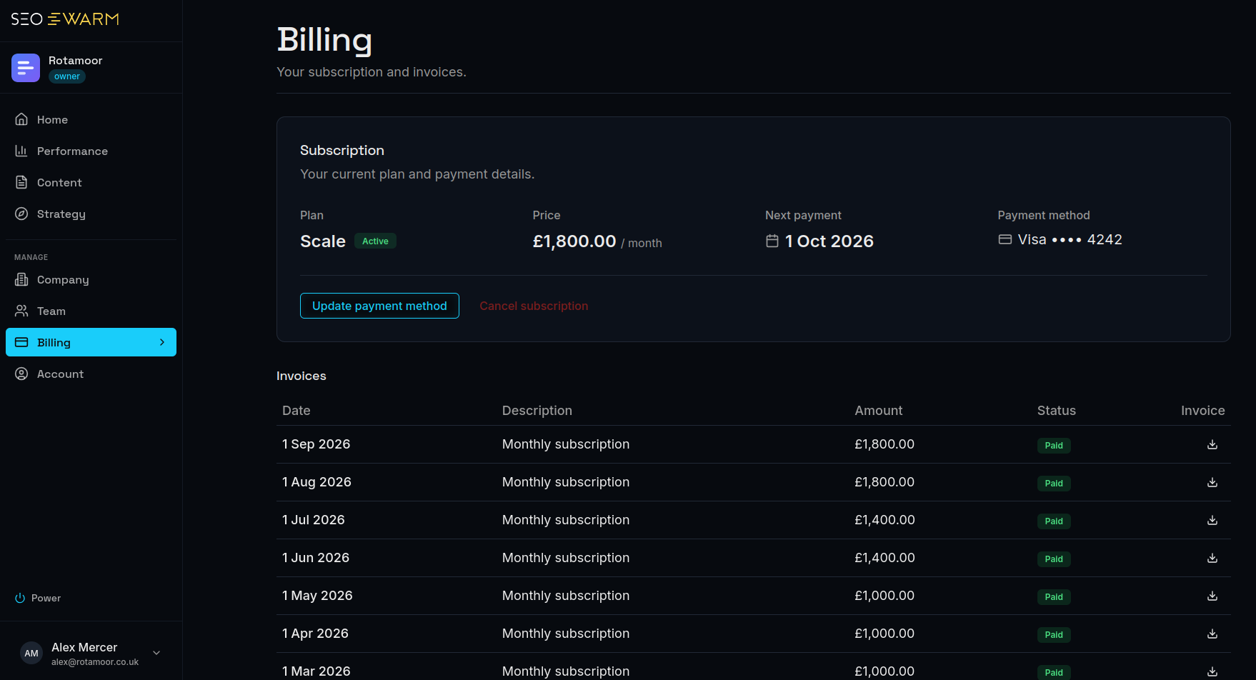 The SEOSwarm platform Billing view — invoices and subscription