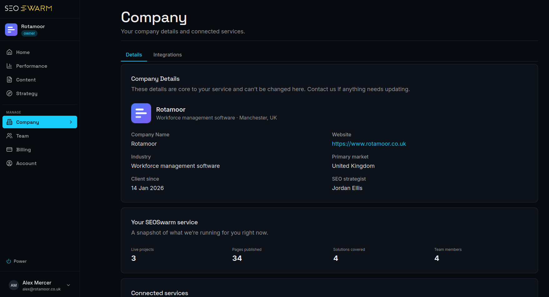 The SEOSwarm platform Company view — company details and integrations
