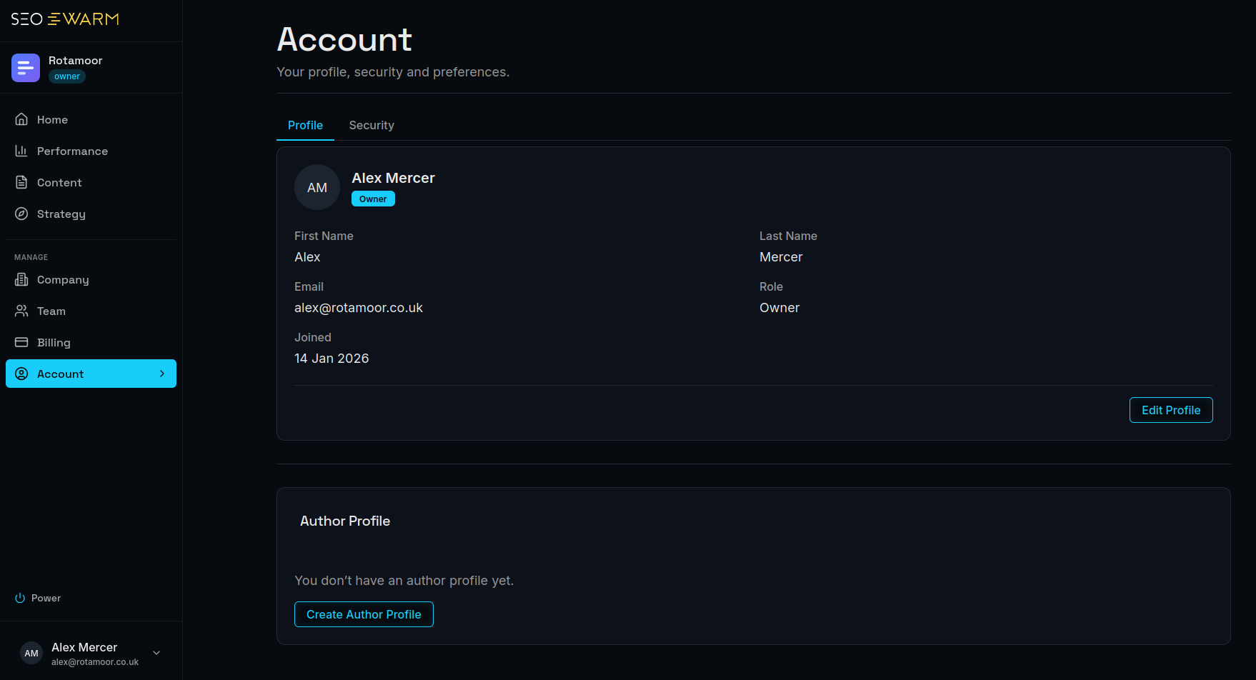 The SEOSwarm platform Account view — profile and security