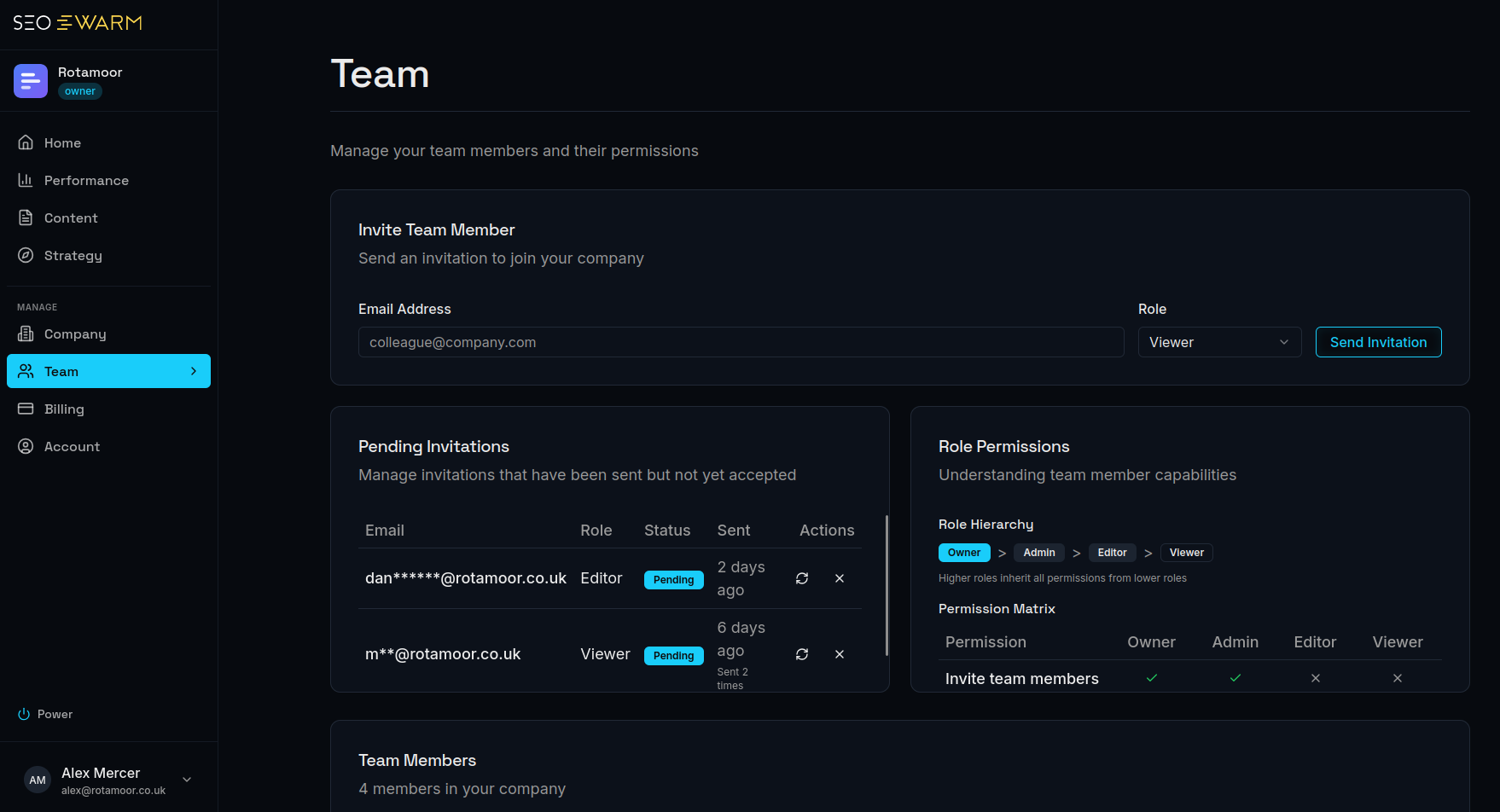 The SEOSwarm platform Team view — inviting colleagues